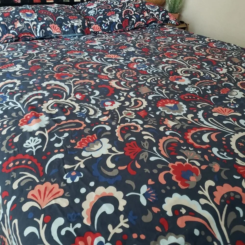 IKEA KRATTEN Full Queen Duvet Cover Set 2 Pillowcases 100% Cotton Floral Navy